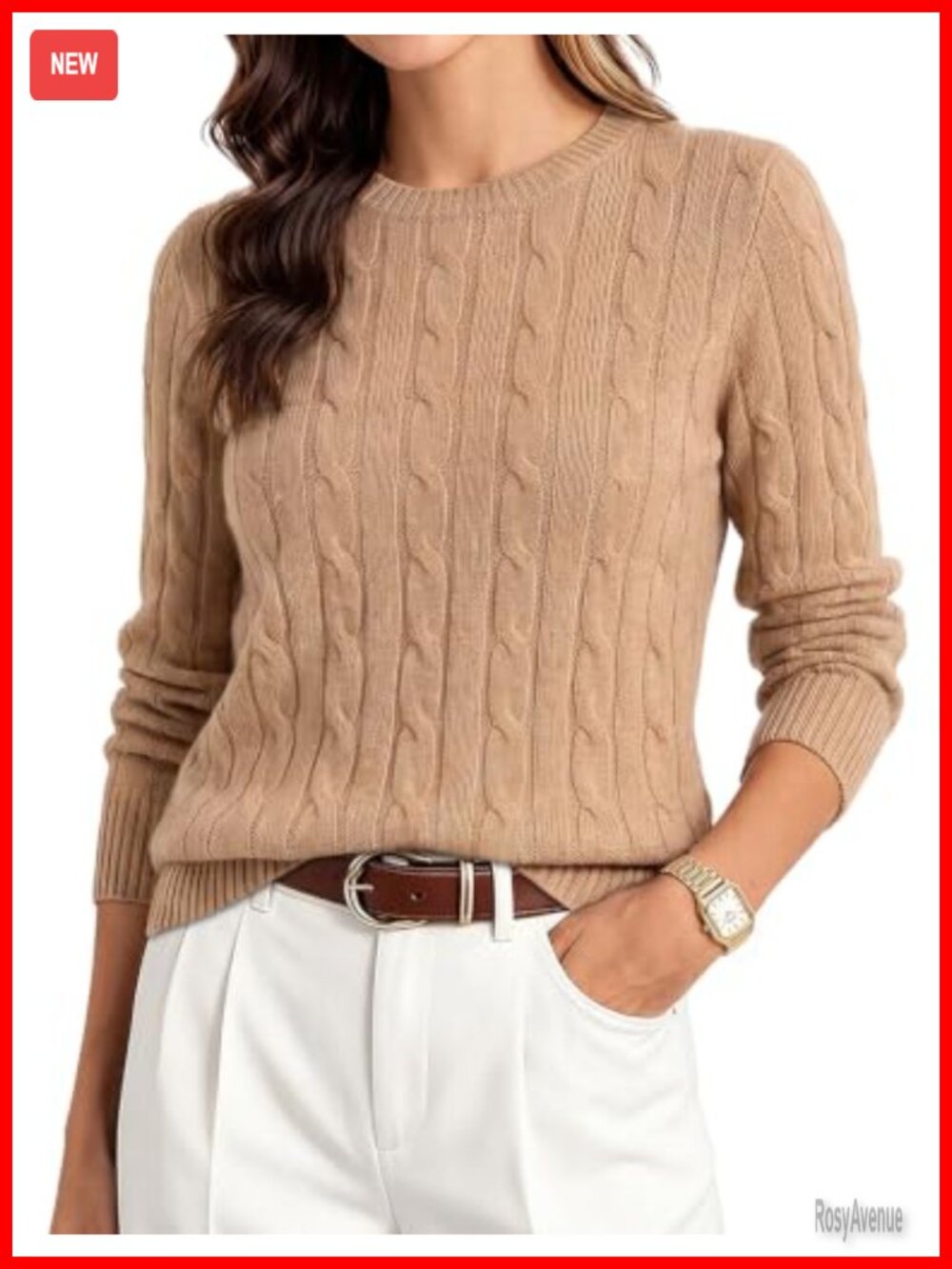 100% Merino Wool Cable Knit Crewneck Pullover Sweater